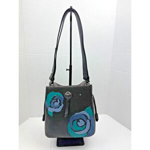 Kate Spade Marti Floral Small Bucket Bag Black with Blue Flower Appliques